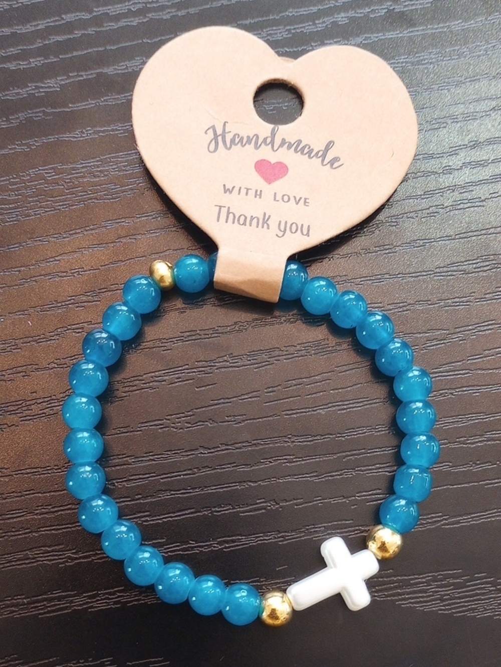 Handmade Blue Glass Beaded Bracelet with White Cross & Gold Accents